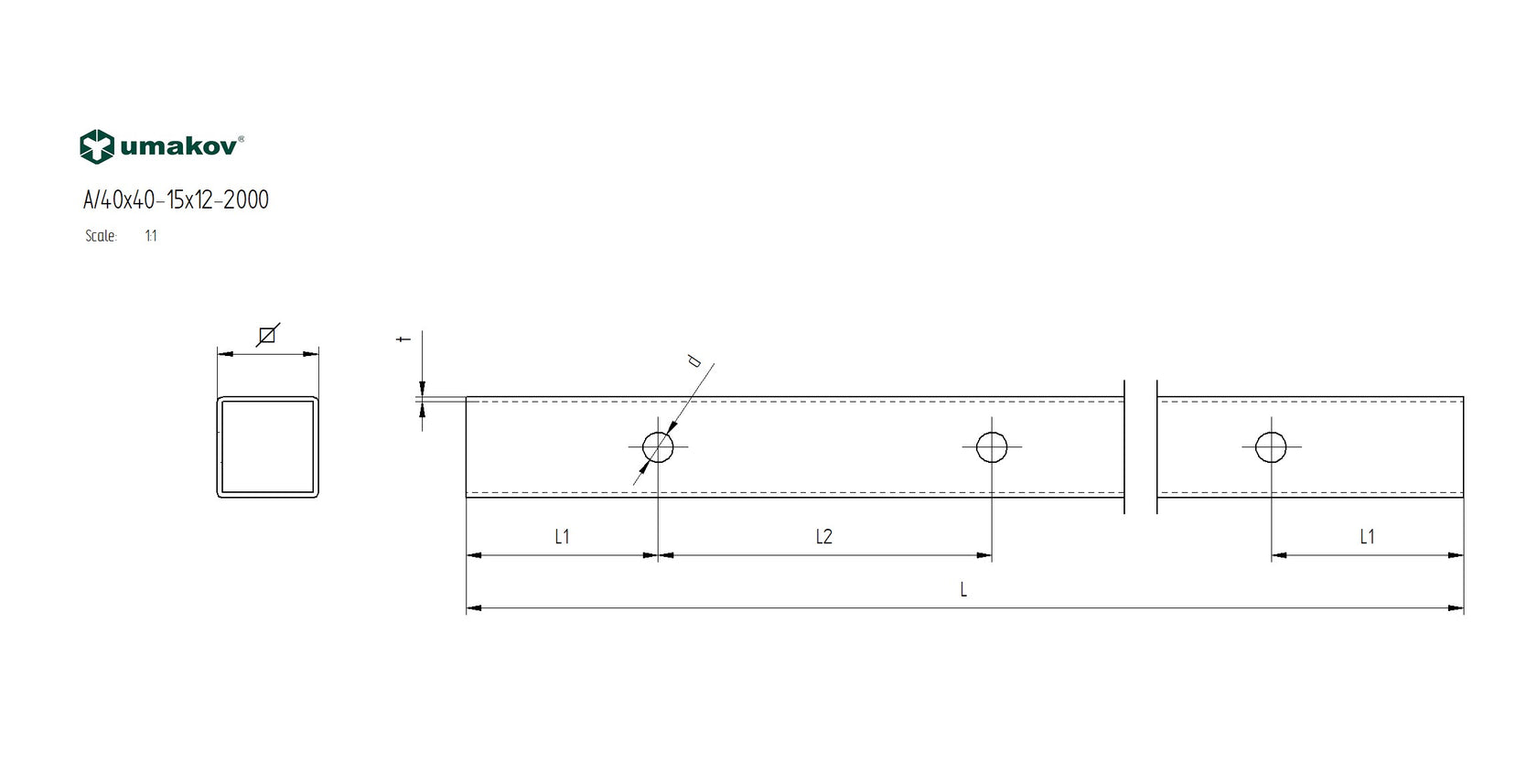 Rura szlifowana AISI304, 40x40x2/15xd12,5/L1980