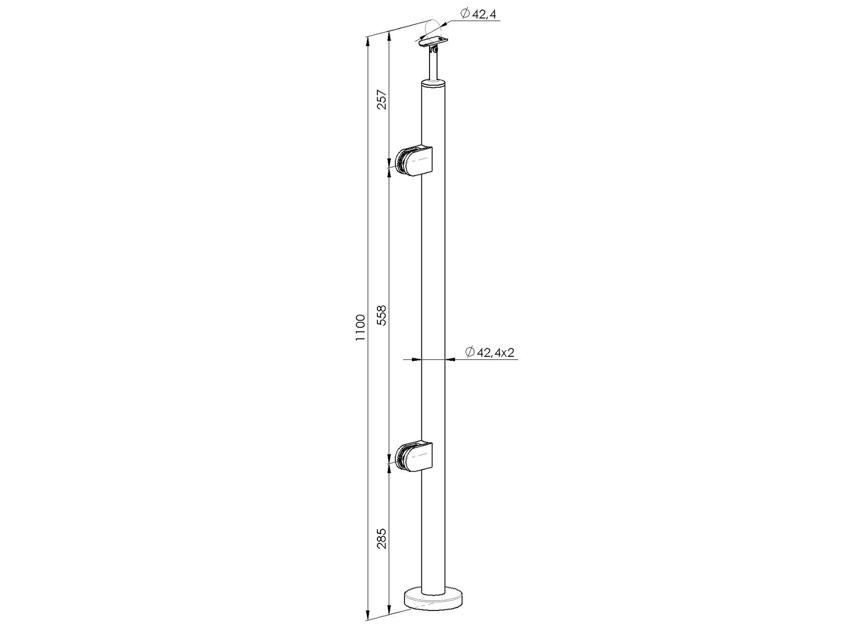 Słupek nierdzewny D42,4 - 2xSzkło h=100cm AISI304,