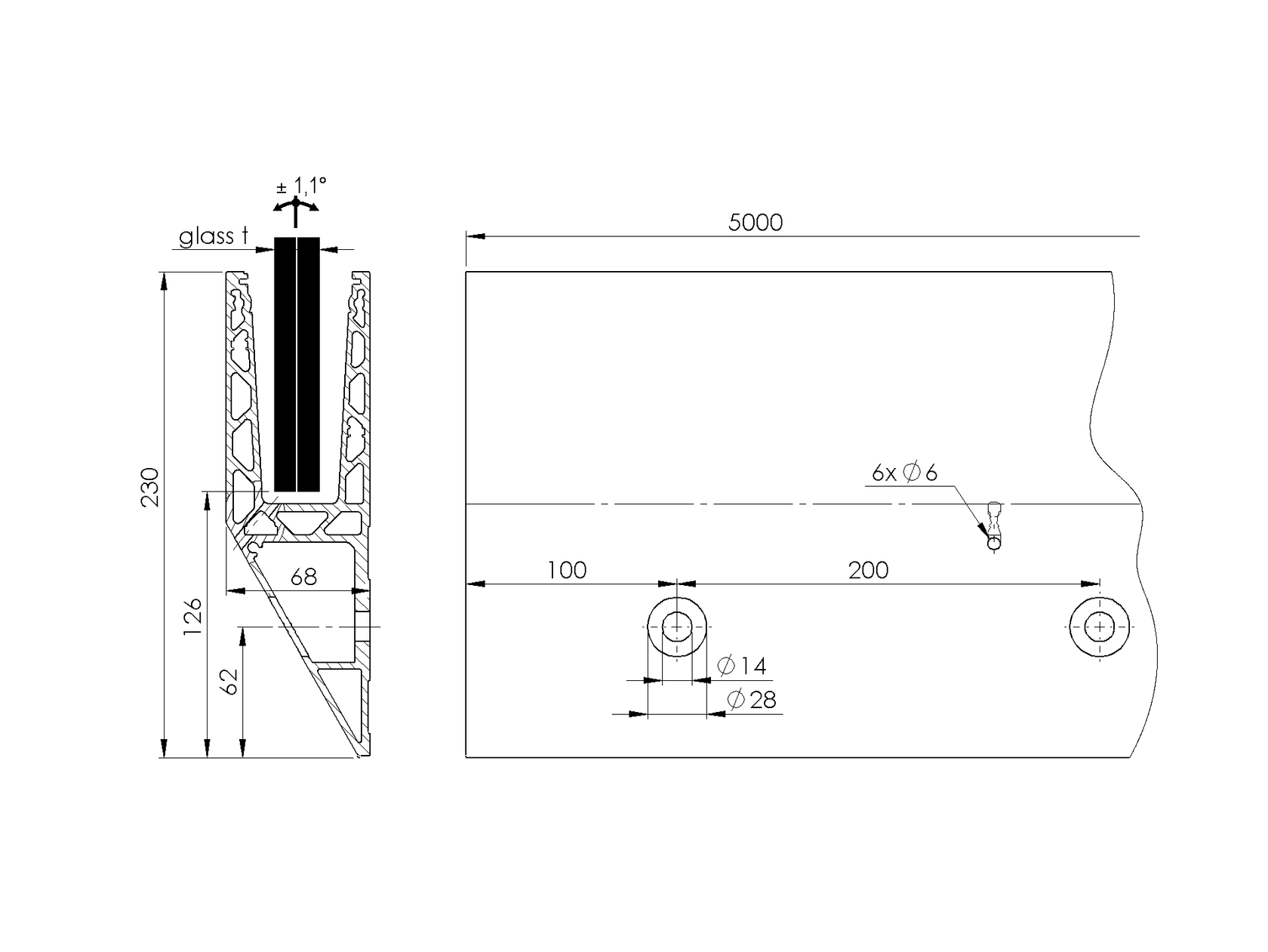Profil balustrady szklanej Al-boczny