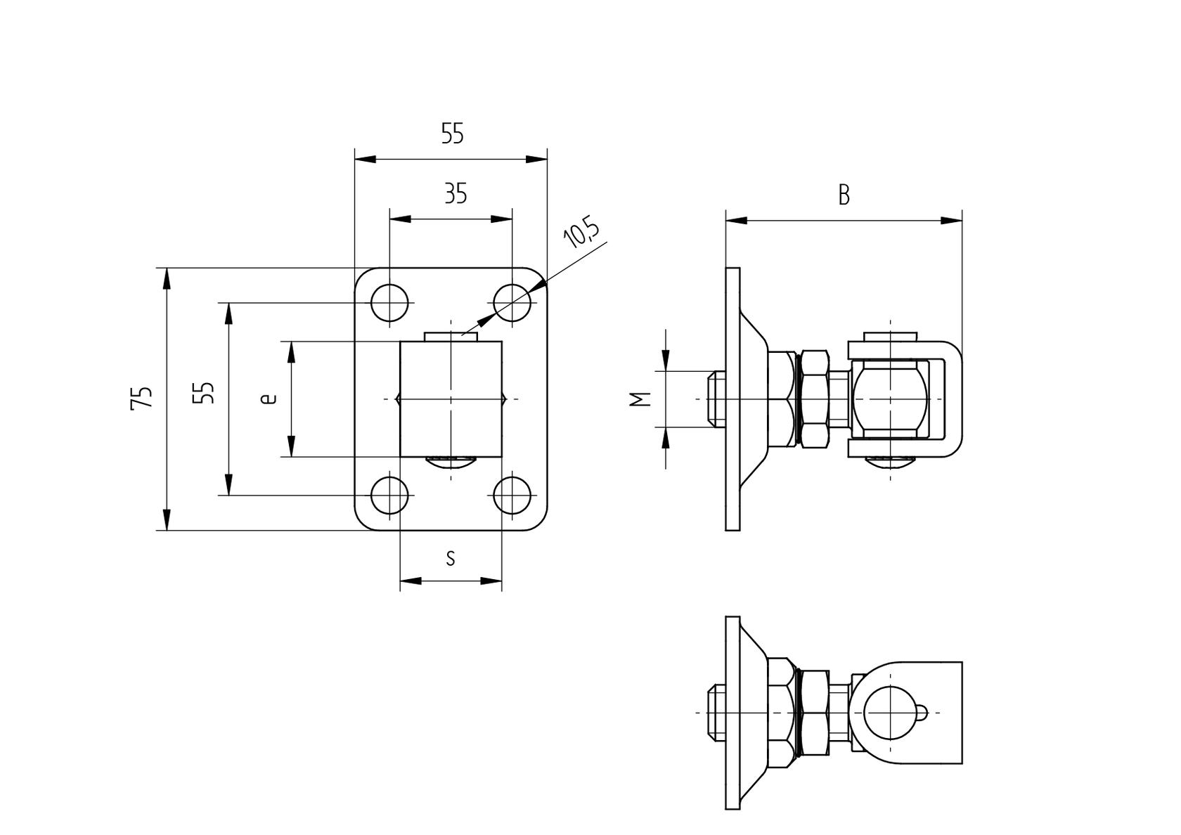 Zawias regulowany z płytką, AISI 304 M12, 55x75mm