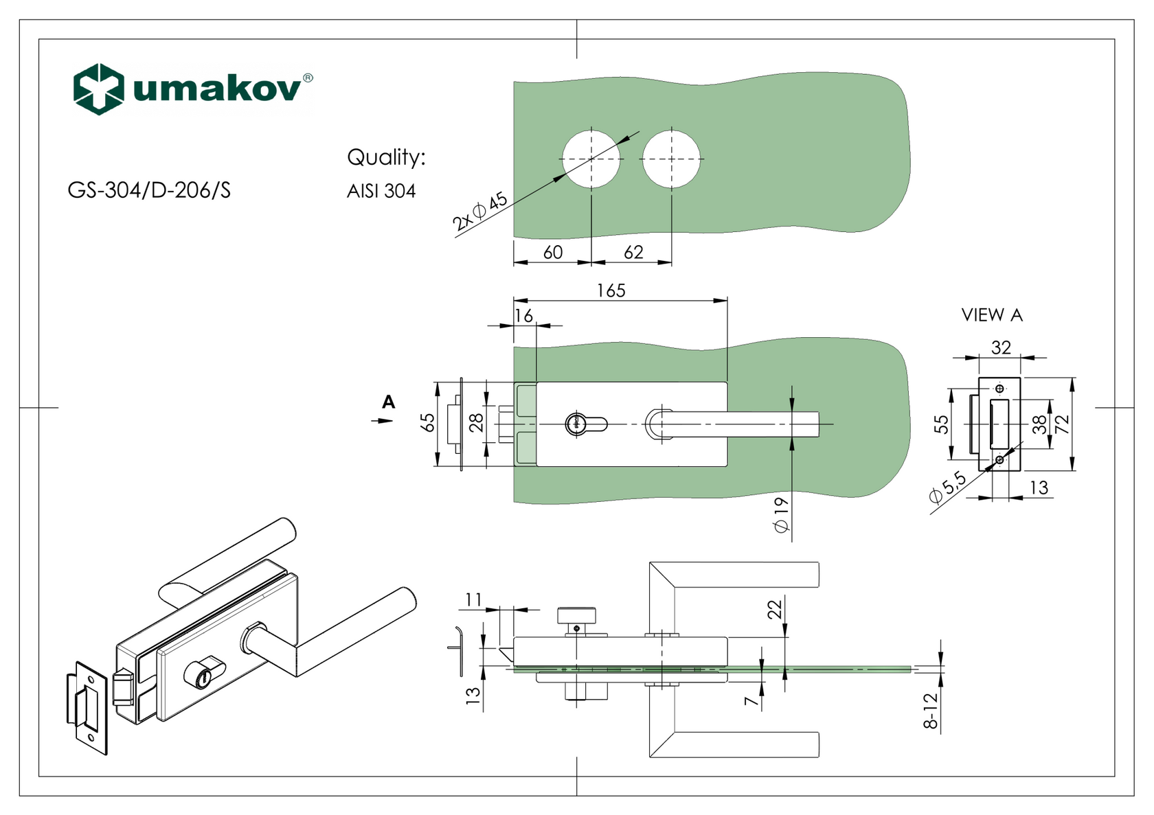 Zamek s klamka i wkładkę AISI304 PZ