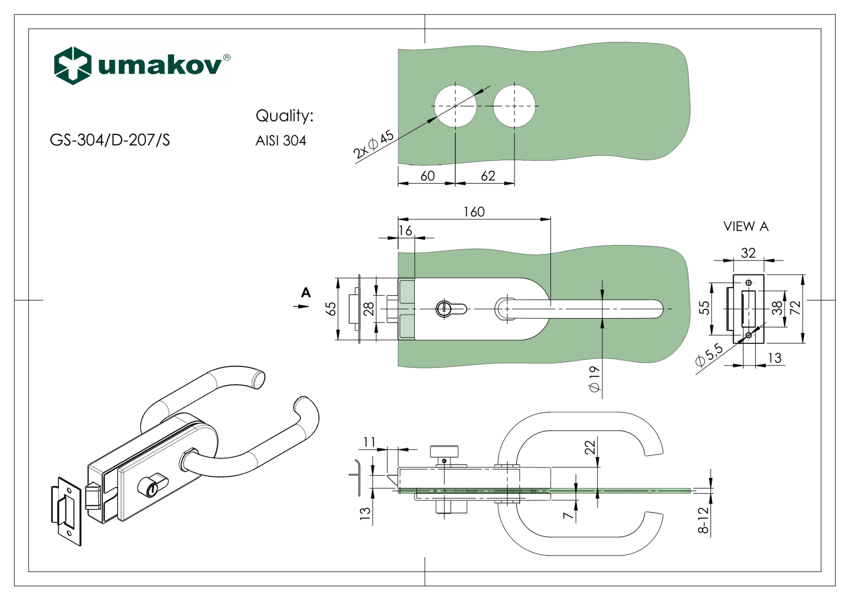 Zamek s klamka i wkładkę AISI304 PZ