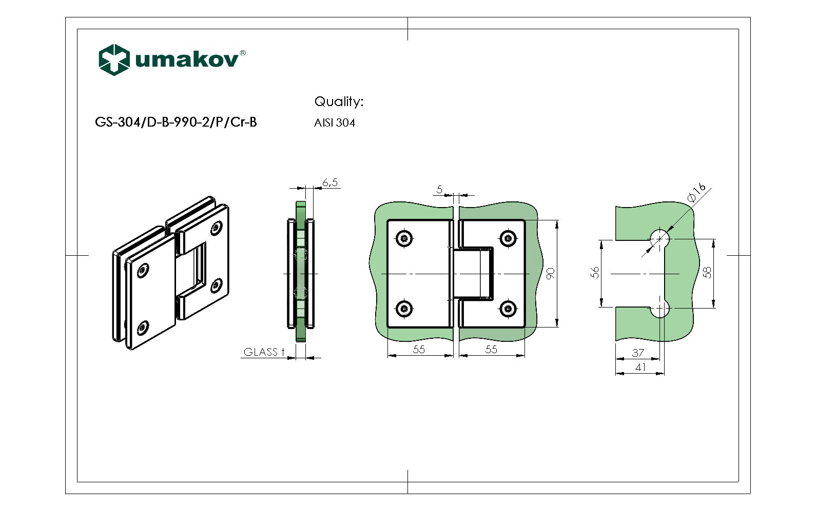 Zawias do drzwi szklanych +/- 90 stopni AISI304,