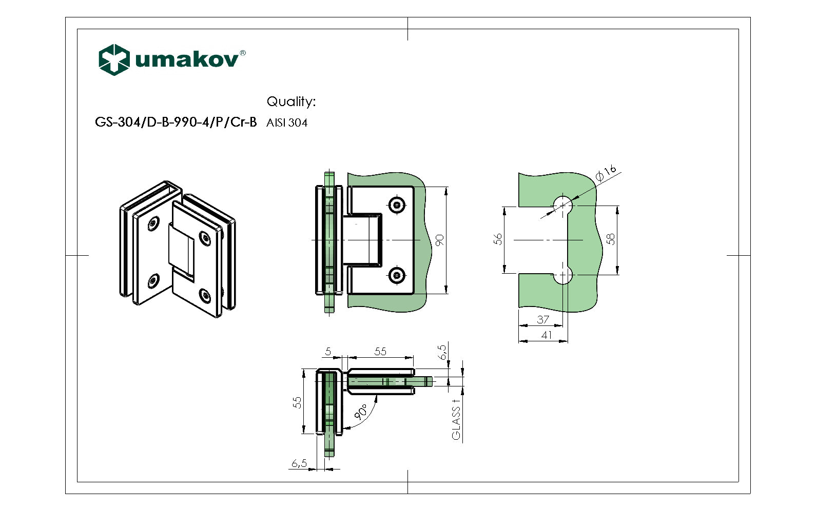 Zawias do drzwi szklanych +/- 90 stopni AISI304,