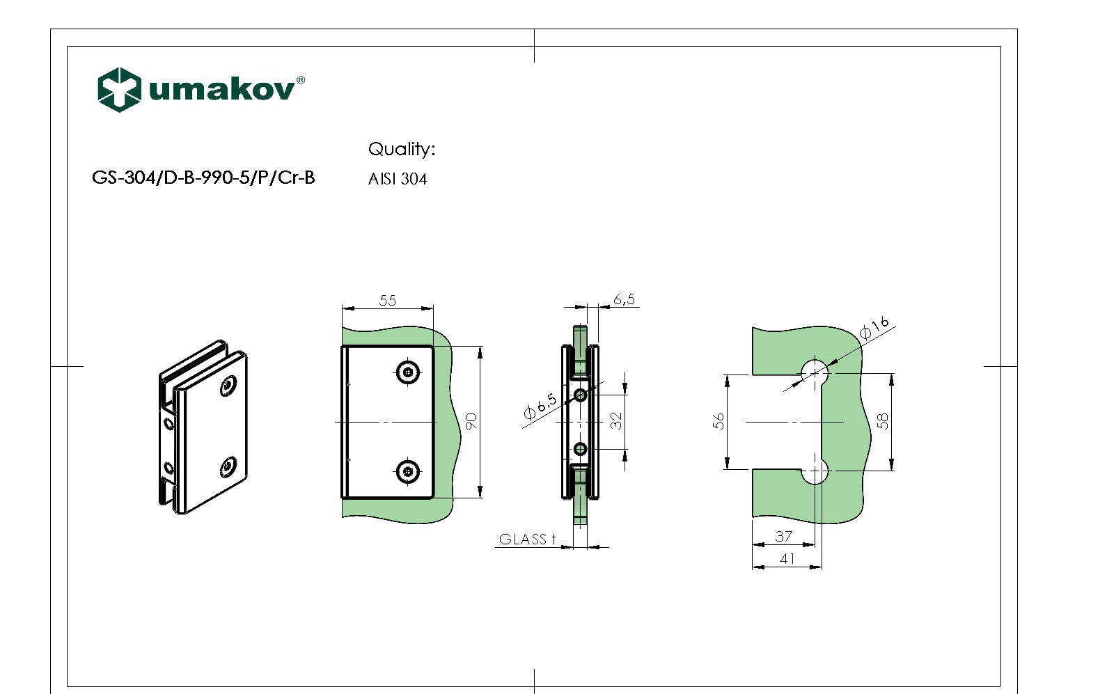 Zawias do drzwi szklanych +/- 90 stopni AISI304,
