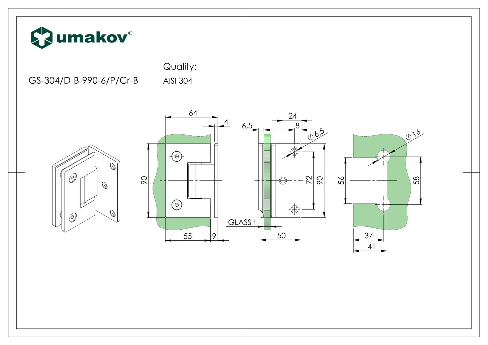 Zawias do drzwi szklanych +/- 90 stopni AISI304,