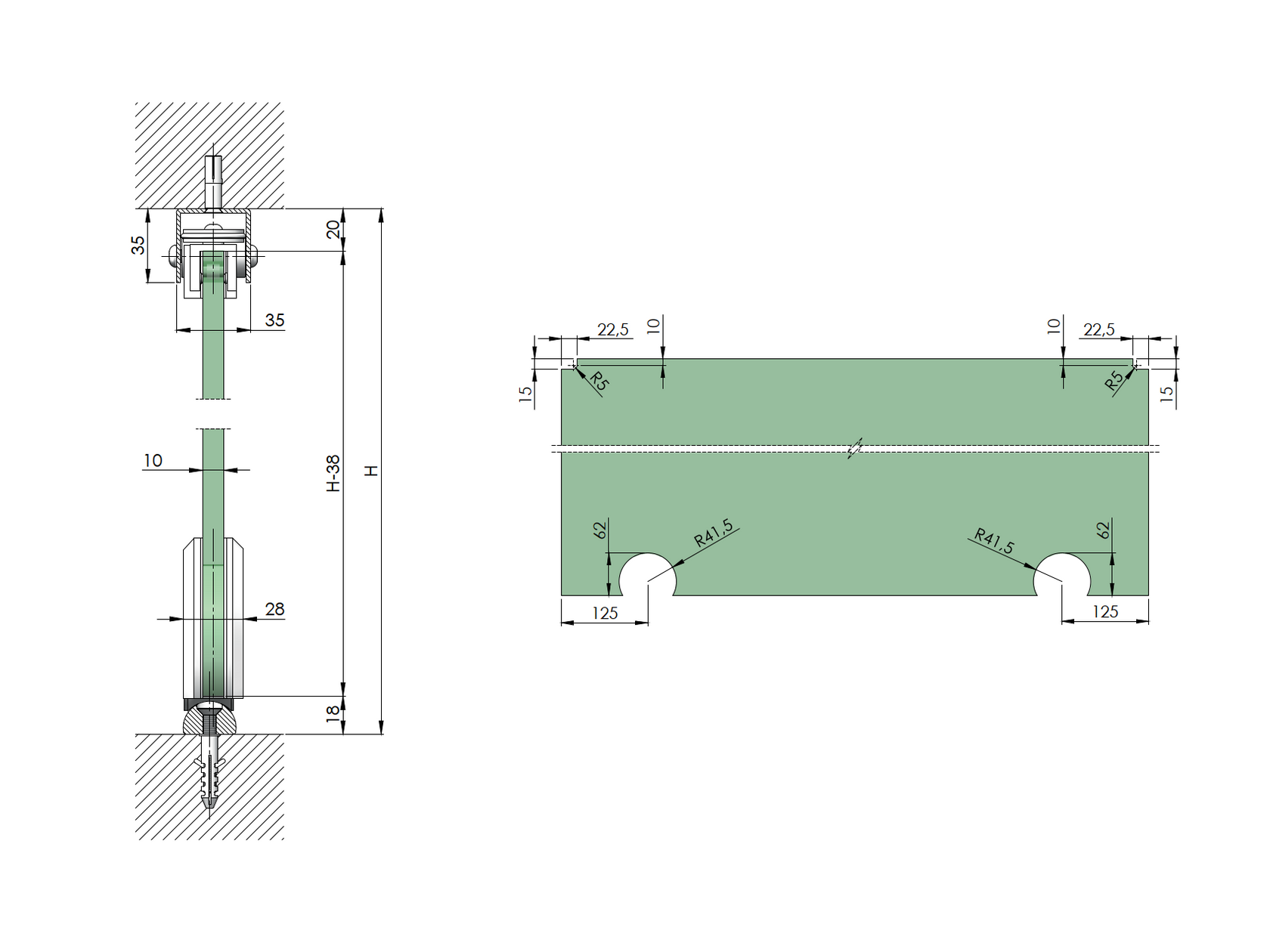 Okucie - fdrzwi przesuwne - listwa AL/AISI304