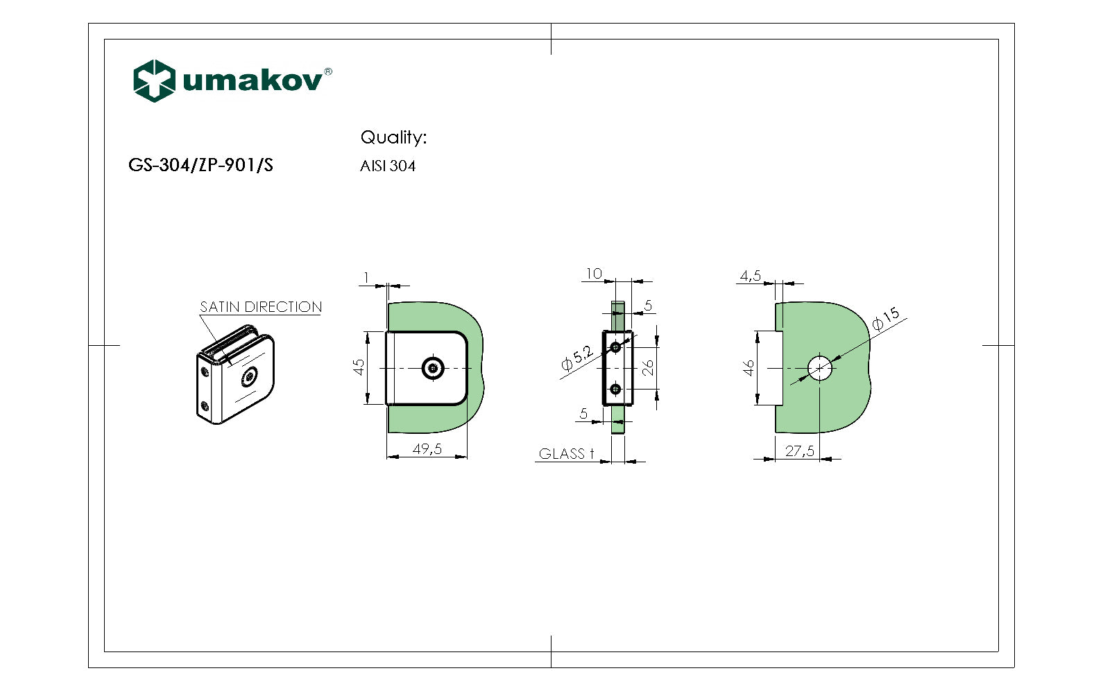 Łącznik szkła, AISI 304, T 8-10 mm