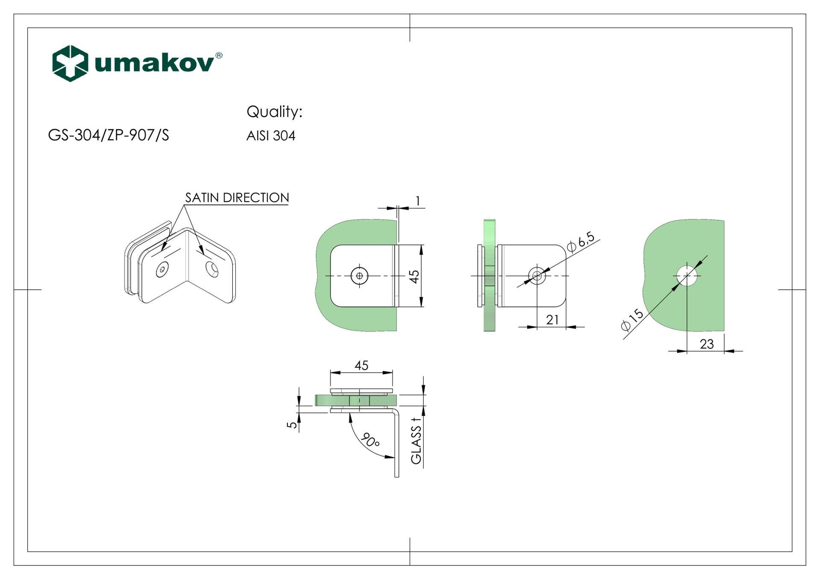 Łącznik szkła, AISI 304, T 8-10 mm