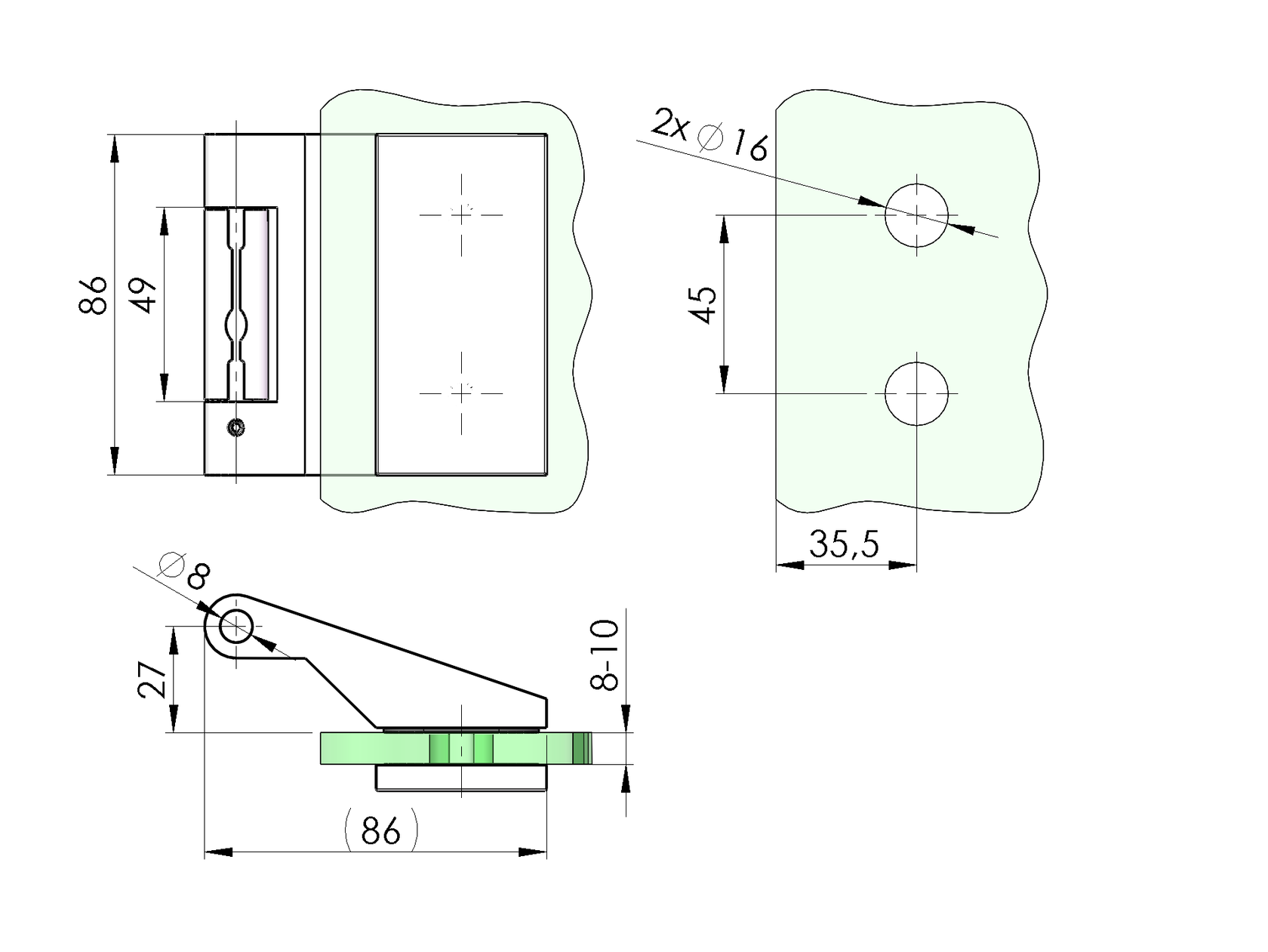 Zawias do ościeżnicy drewnianej szklanych drzwi Al