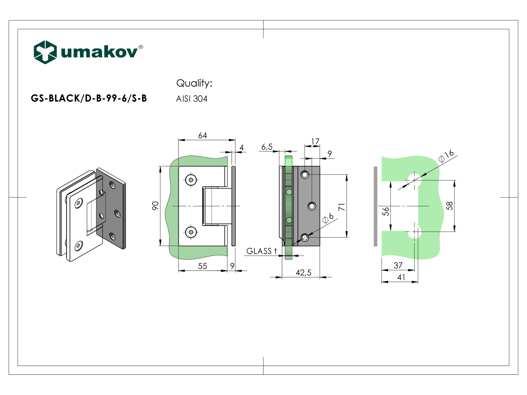 Zawias do drzwi szklanych +/- 90 stopni BLACK