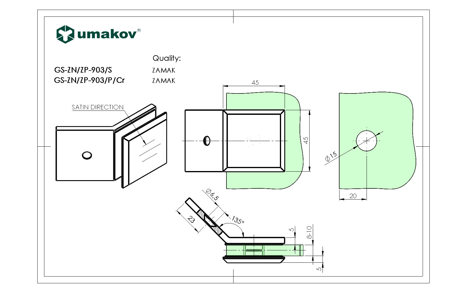 Uchwyt szkła, Zamak, 135°, T 8-10 mm