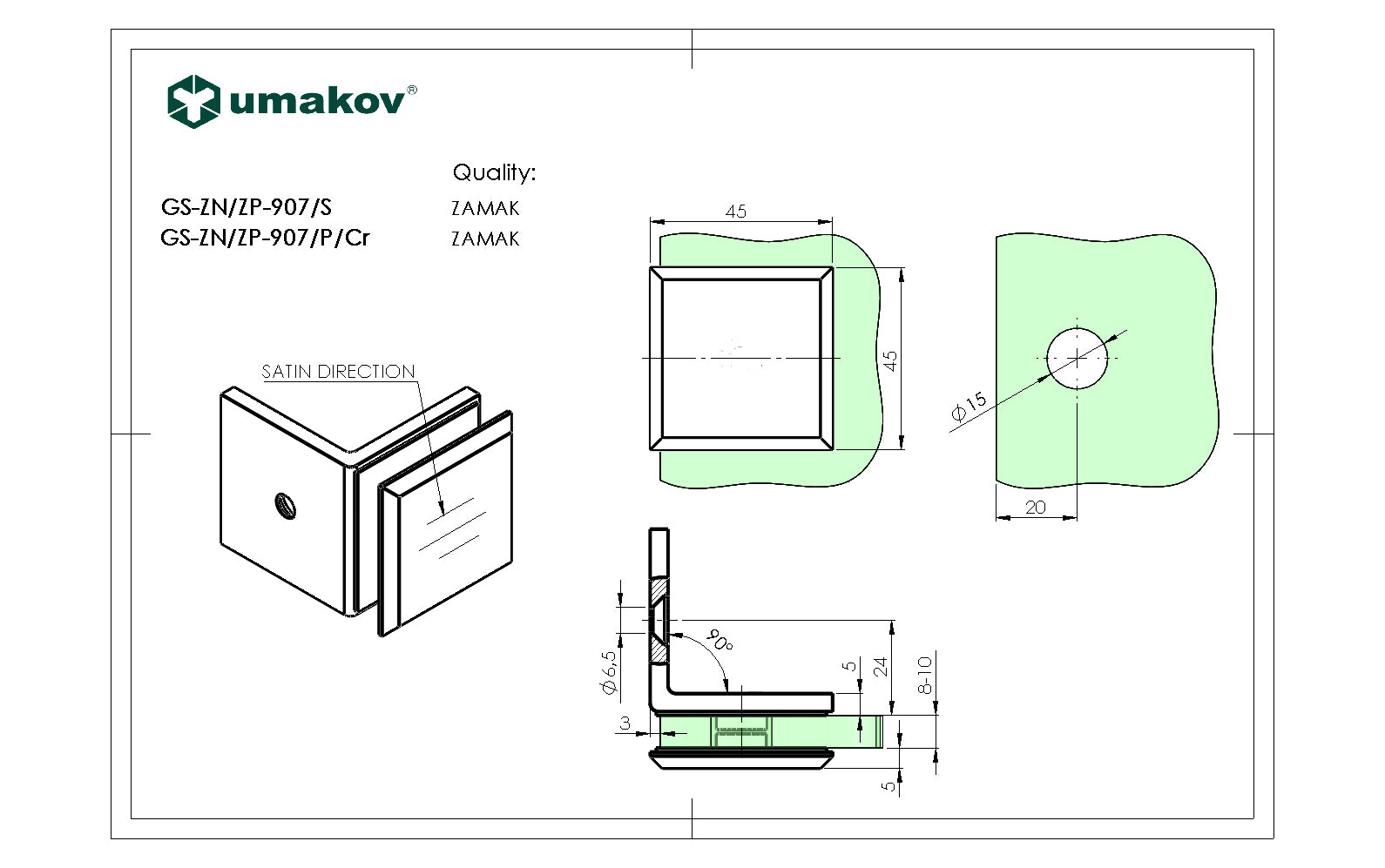 Uchwyt szkła, Zamak, 90°, T 8-10 mm