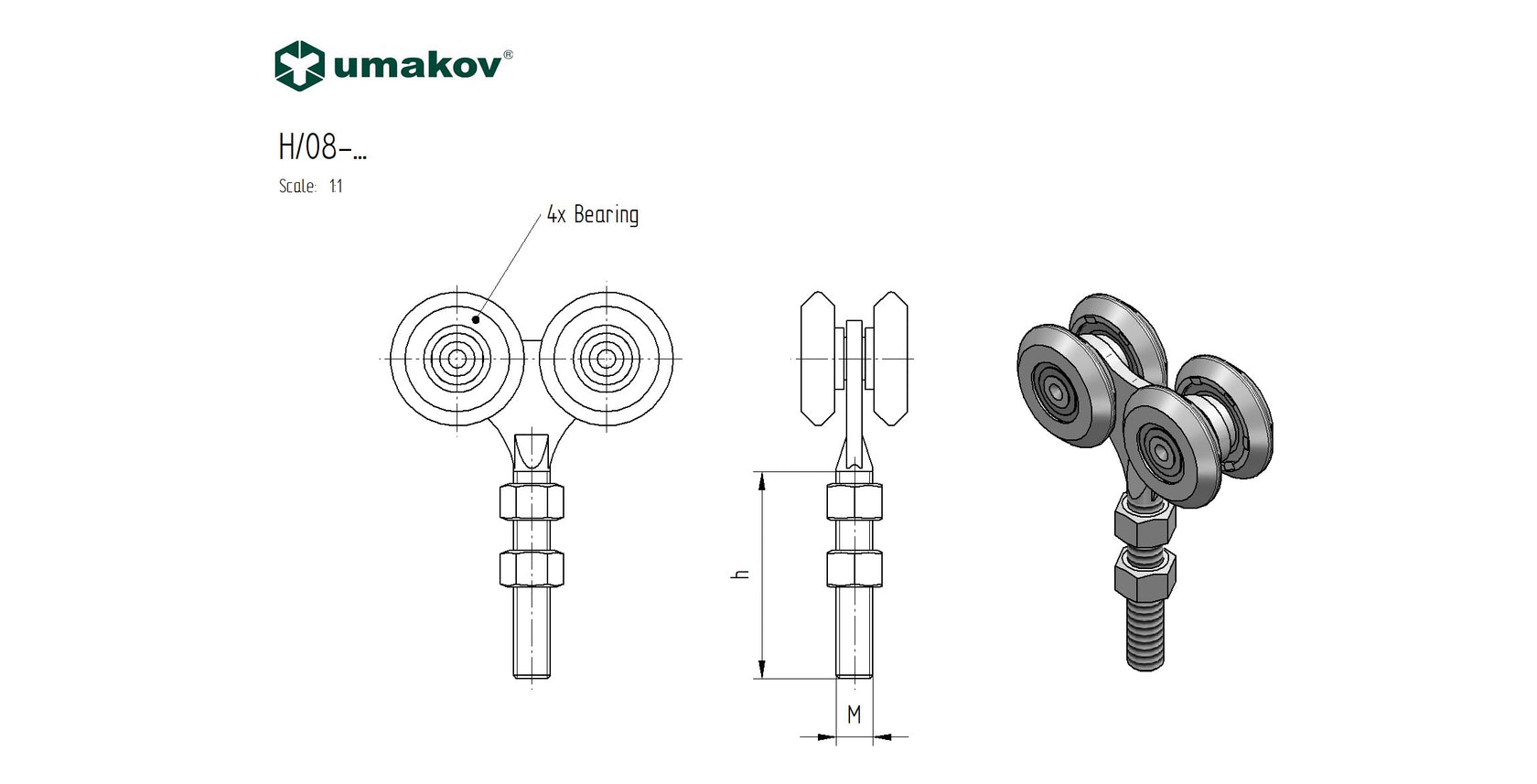 4 rolkowy wózek ze sworzniem do szyny Nylon