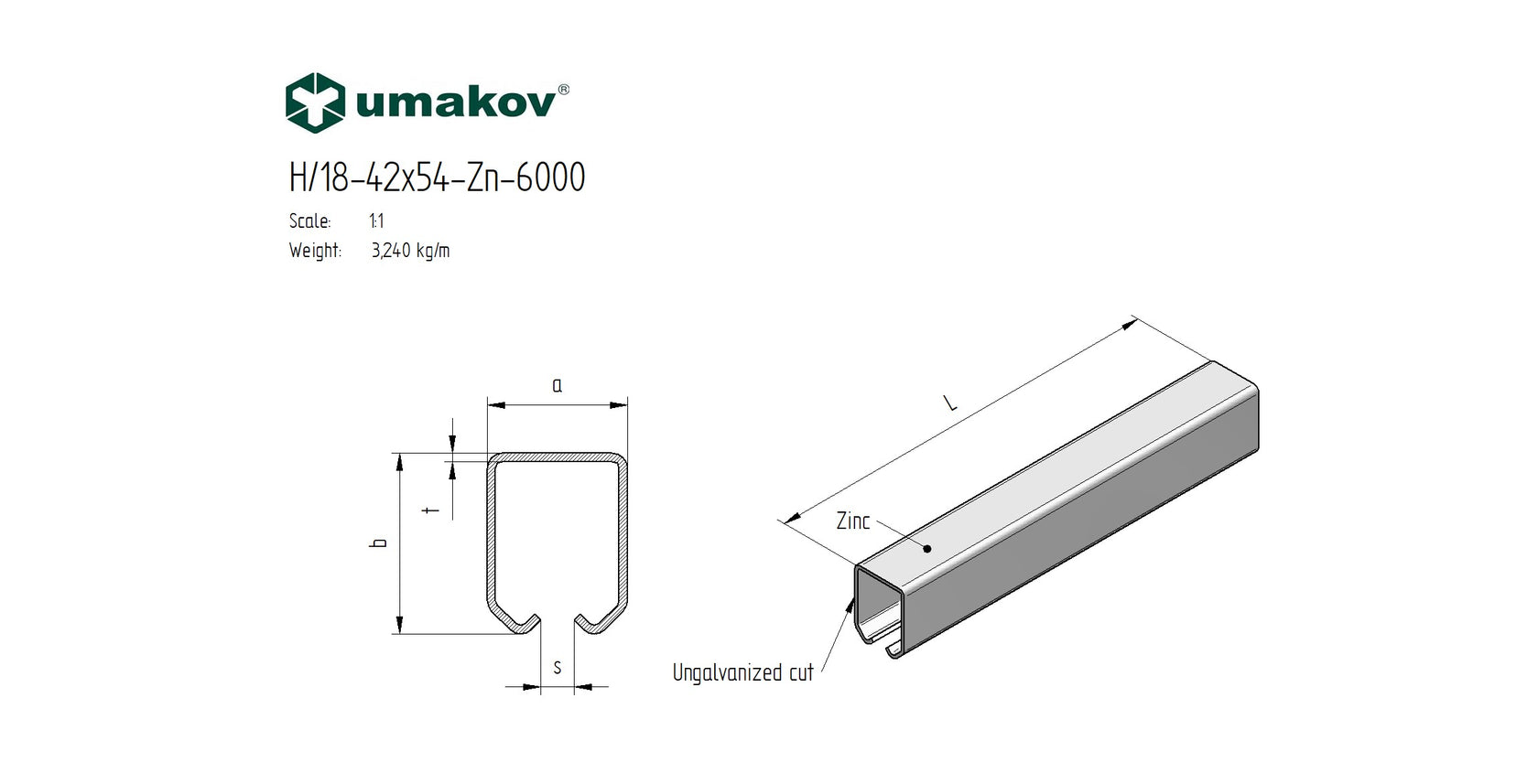 Profil do bramy przesuvnej Zn, 42x54x2,5mm, L6m