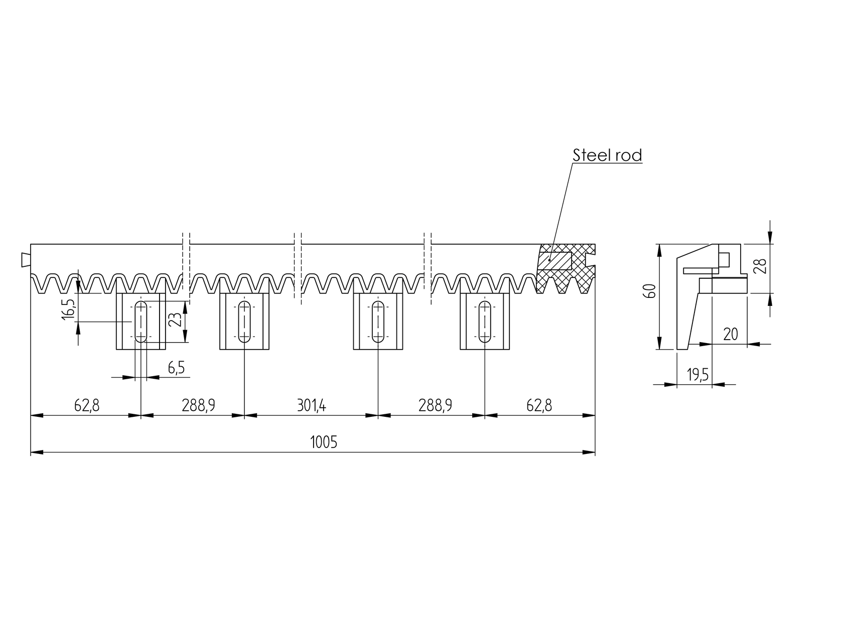 Listwa Zębata PVC+Fe,light,27x20mm, L1m,max 300kg