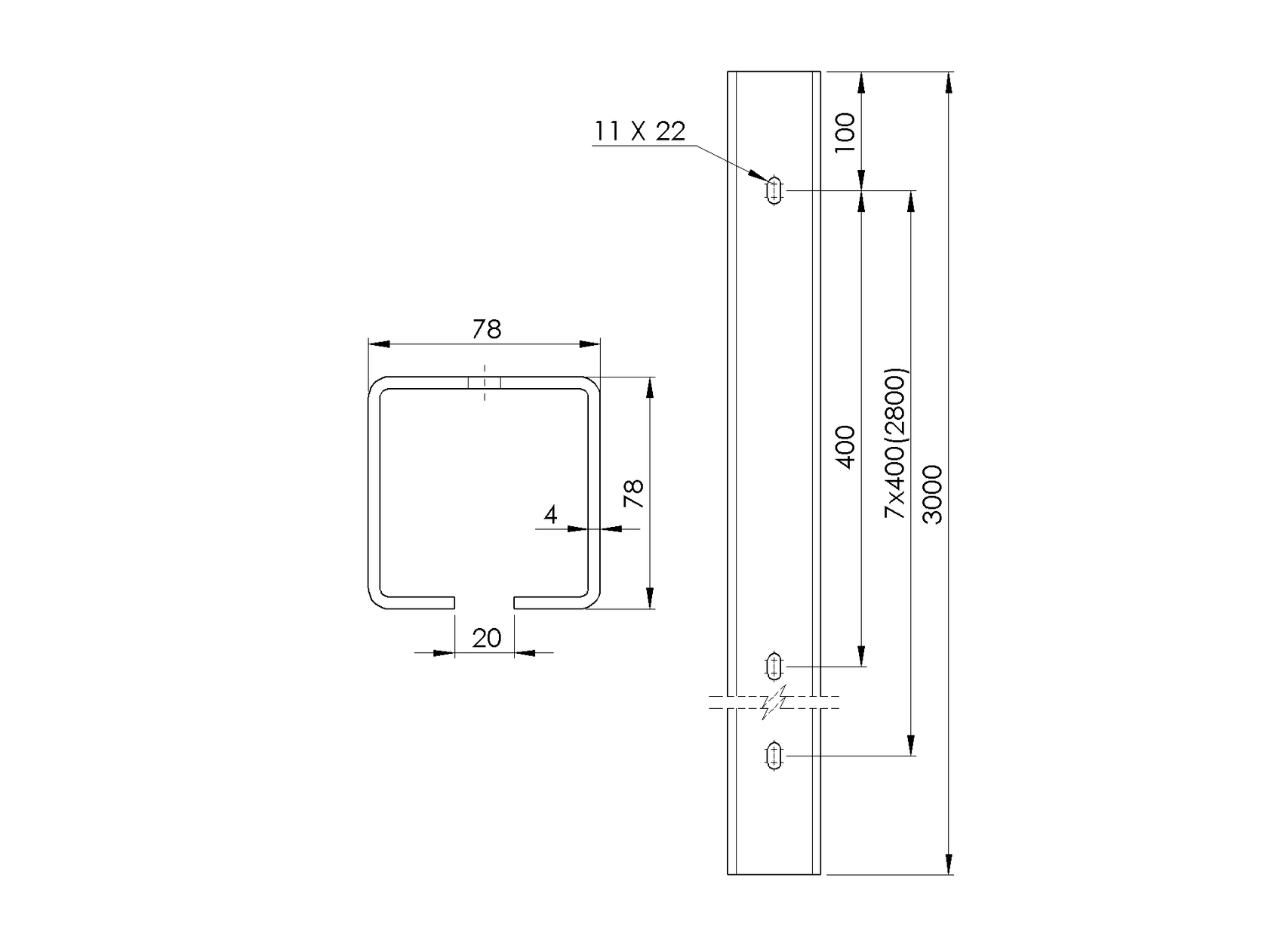 Profil prowadzący z otworami Zn, 78x78x4mm, L3m