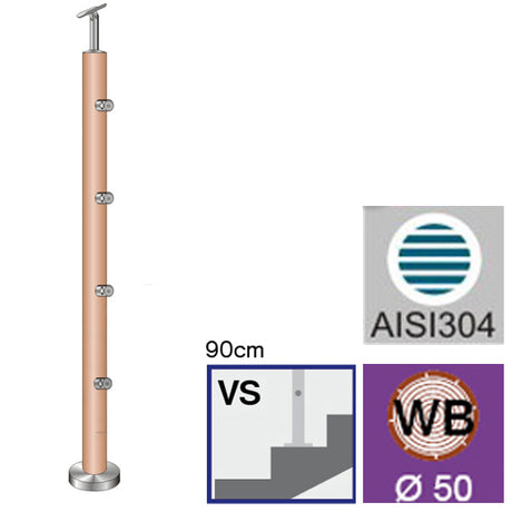 Drewniany słupek BUK (BEECH) D50mm, 4xd12mm, v=90c