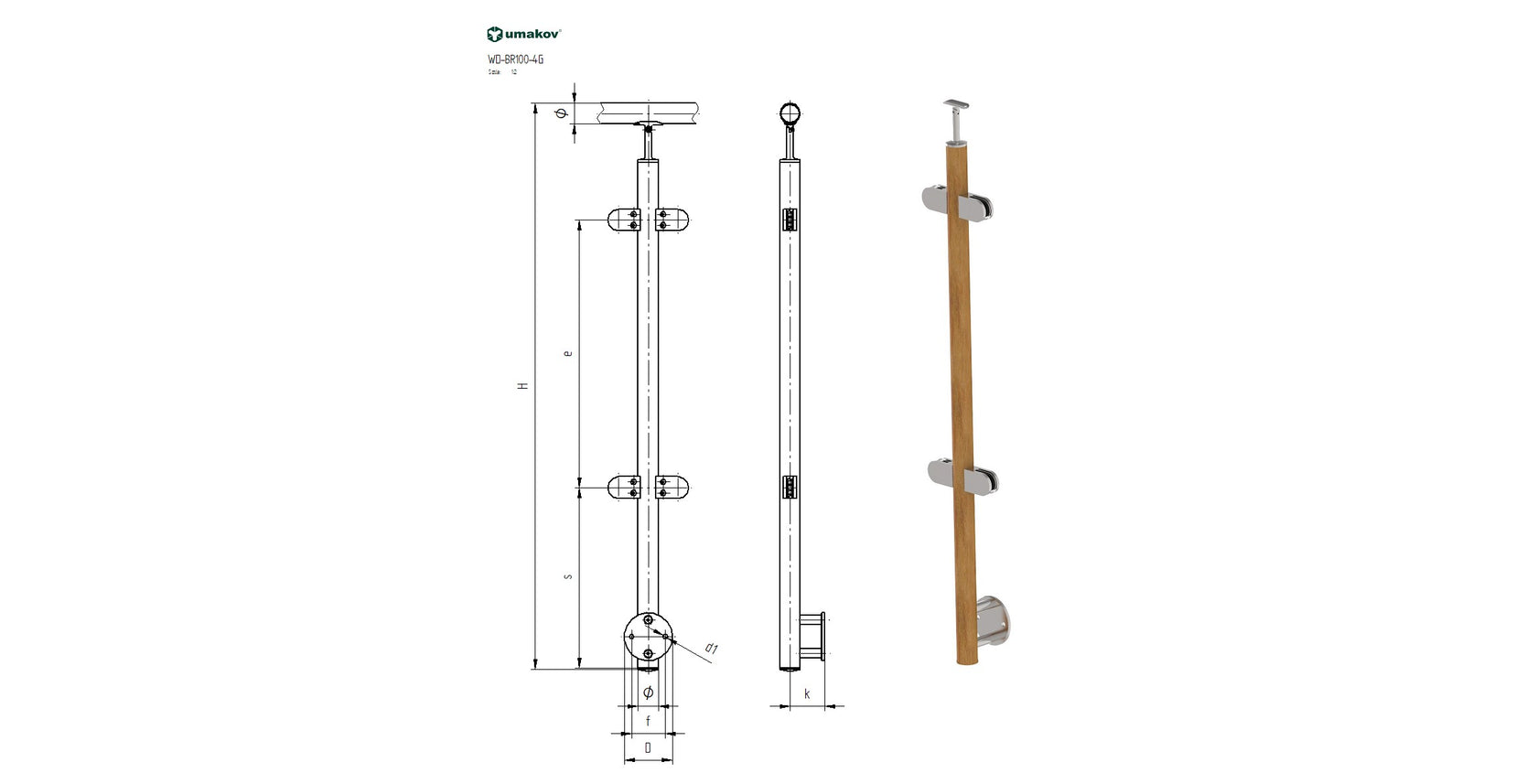 Drewniany słupek DUB (OAK), D42,4/H1000mm