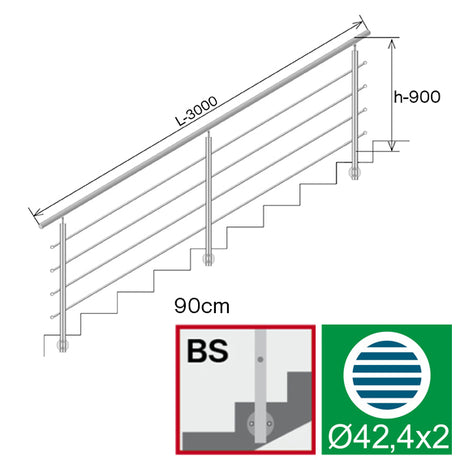 Balustrada nierdzewna AISI304, D42,4/4xd12/H900/L3