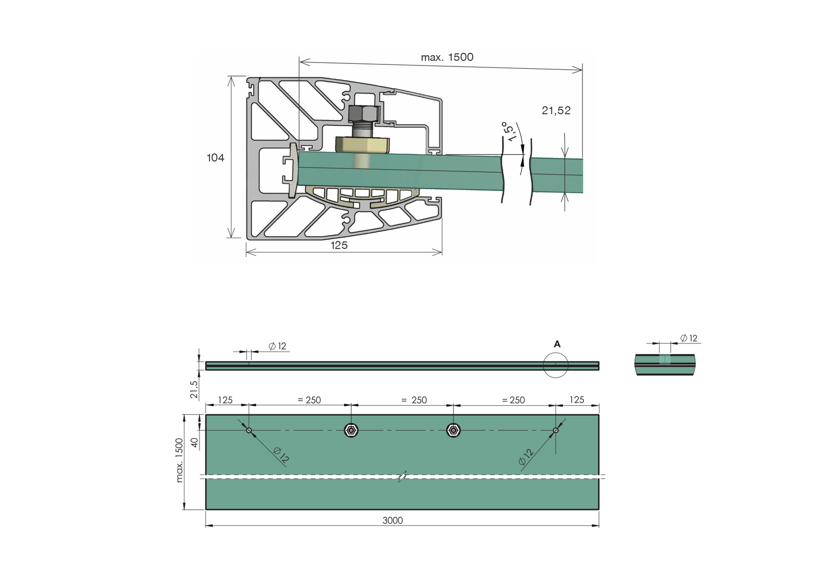 Aluminiowa daszka szklana profil FIX +1.5°