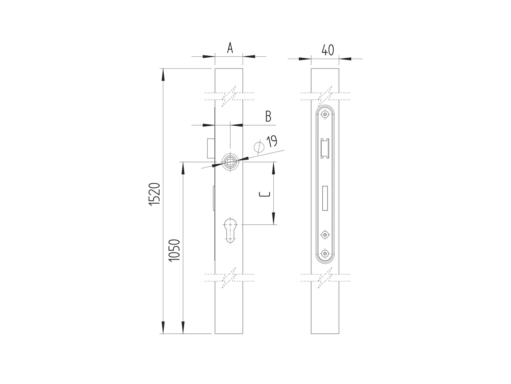 Cząstka zamku komplet bez klamky JP60x40, inox