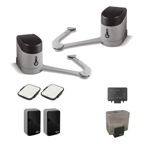 Nice napęd uchylny do bramy dwuskrzydłowej, komplet z fotokomórkami