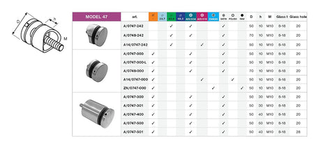 Uchwyt szkła punktowy AISI316, D42,4x2/D50/H10/T8-