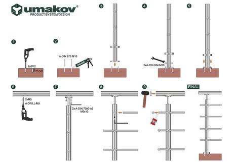 Balustrada nierdzewna AISI304, 40x40x2/4xd12/H900/