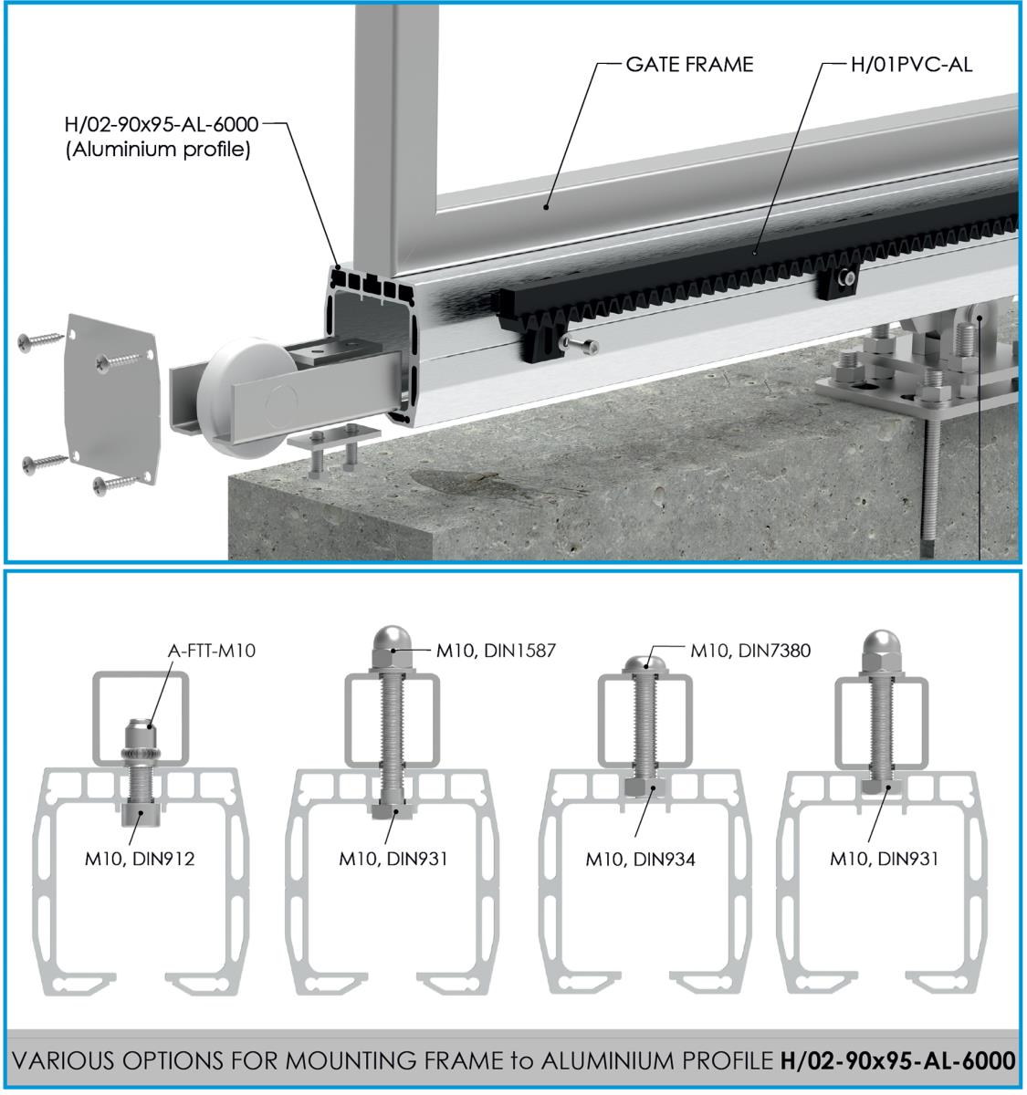 Prowadzący profil dolny AL, 90x95mm, L6m, RAL7016