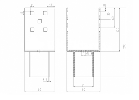 Nadstavec na zemnú skrutku Zn „U“ 90x90x120x52mm