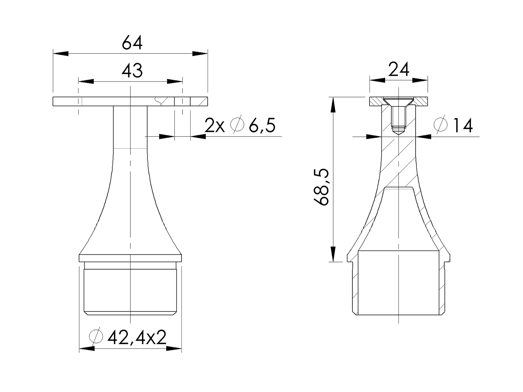mocowanie pochwytu AISI304, d42,4x2/H67mm