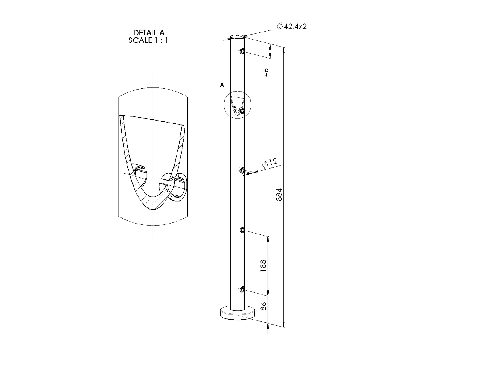 Słupek nierdzewny uzbrojony + A12/12-PVC