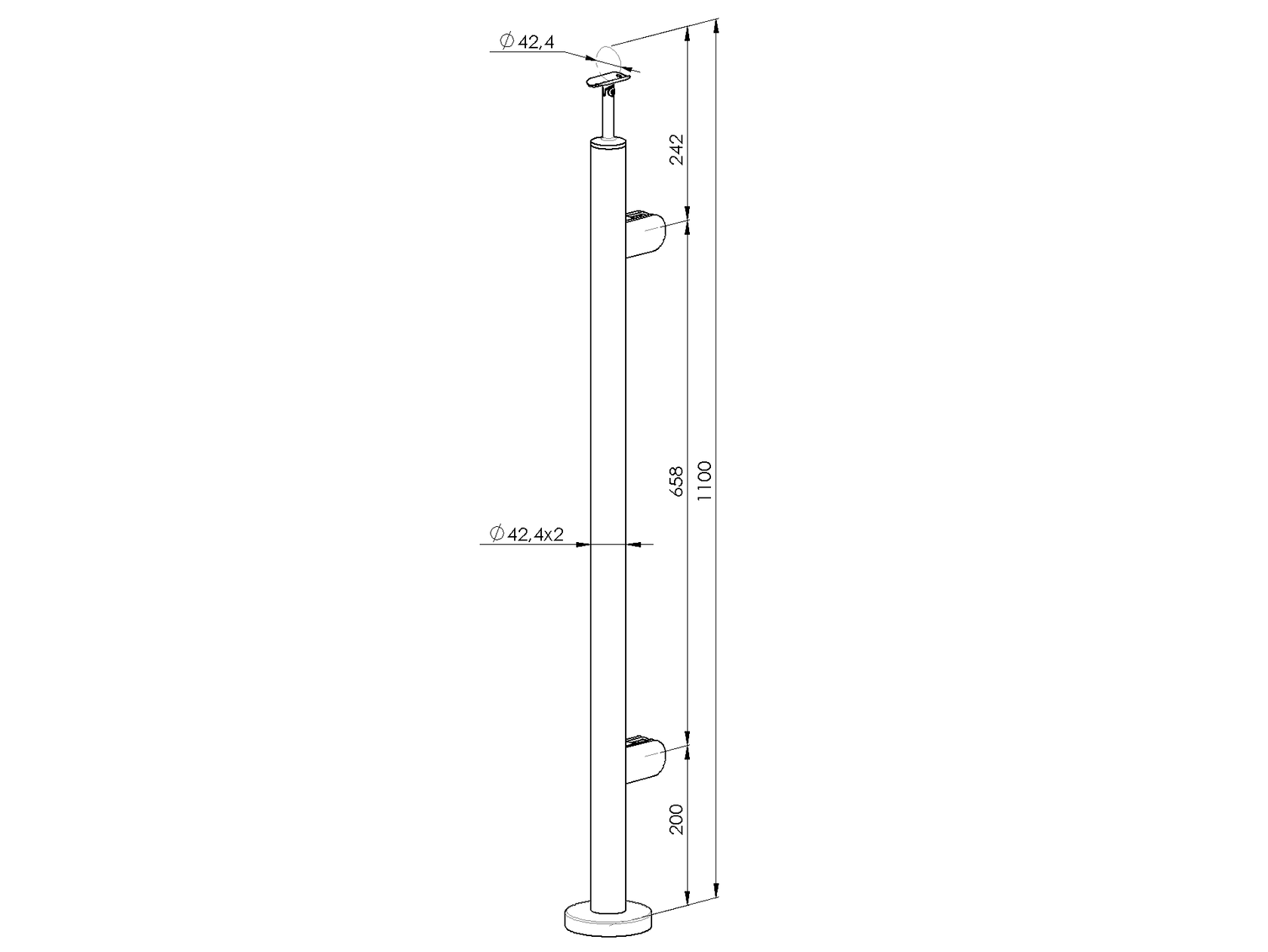 Słupek nierdzewny -prosto AISI304, D42,4x2/2xmodel