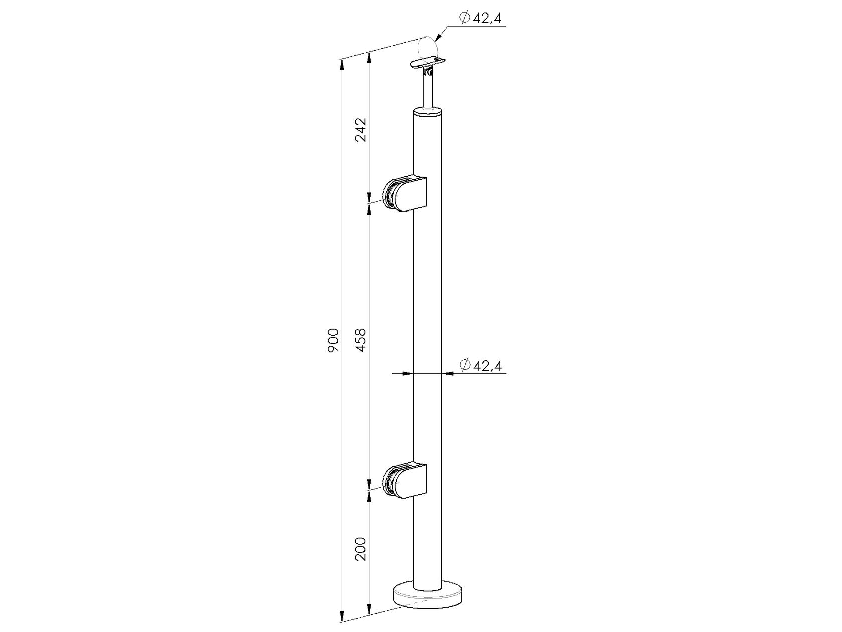 Słupek nierdzewny - prosto AISI304, D42,4/2xmodel2