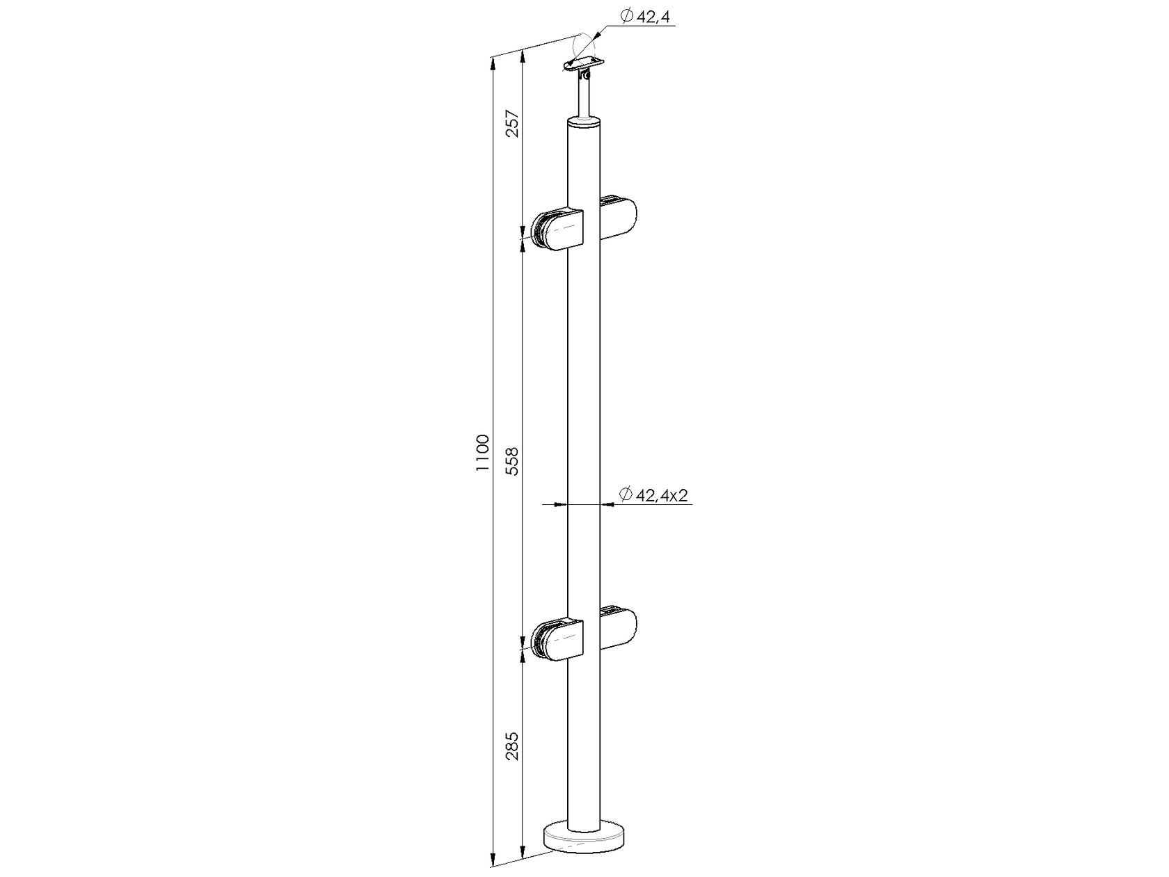 Słupek nierdzewny D42,4 - 4xGlass  h=100cm AISI304