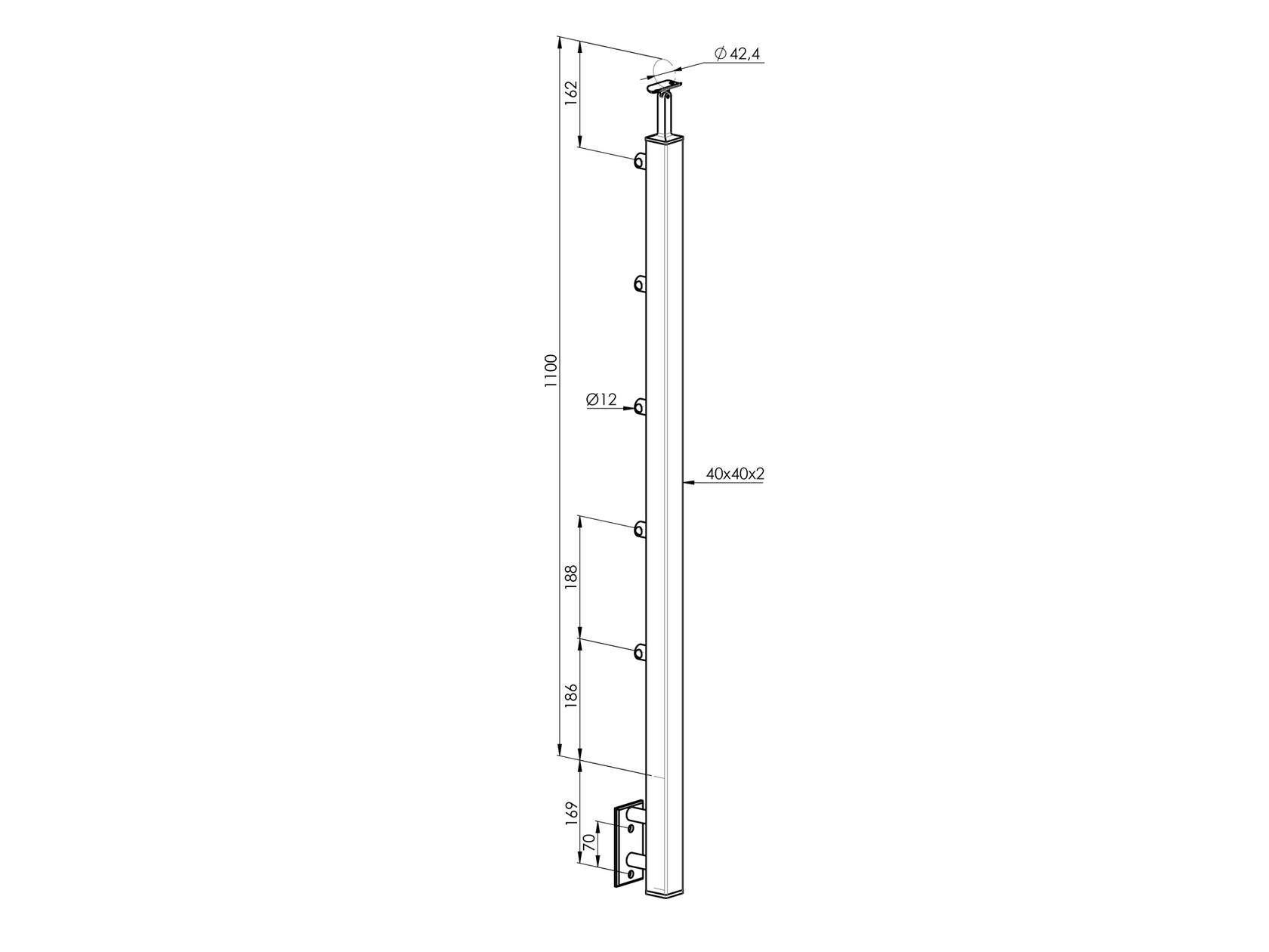 Slupek ze stali nierdzewnej AISI304, 40x40x2/5xd12