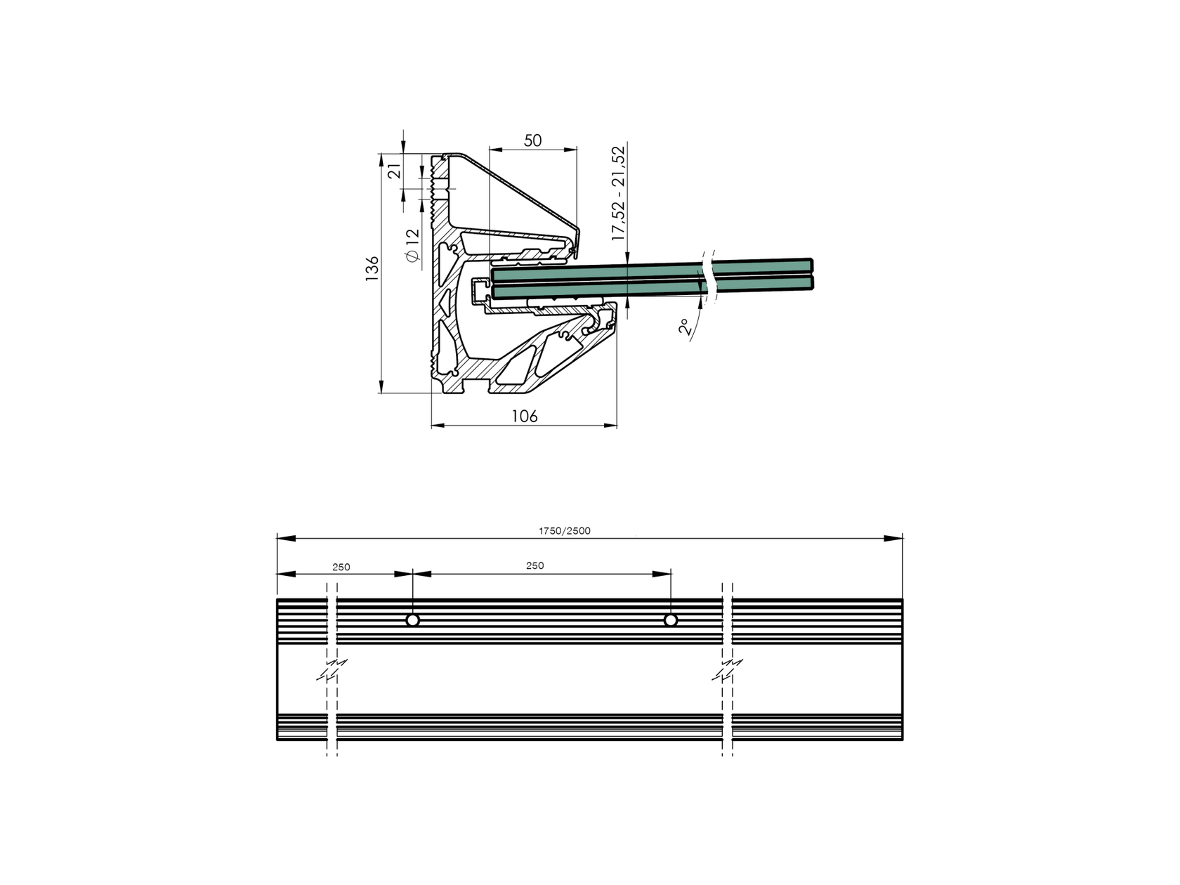 Aluminiowa daszka szklana profil -2°