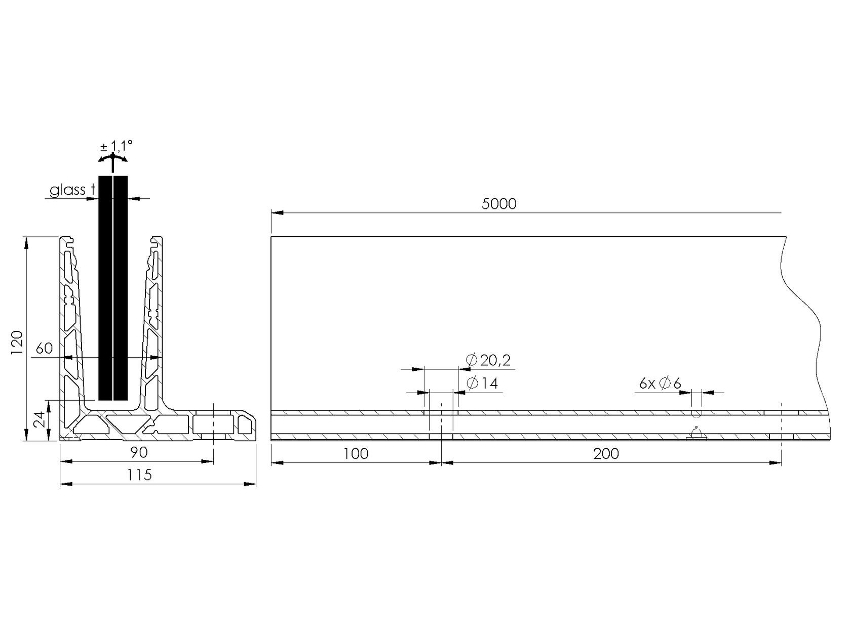 Profil balustrady szklanej