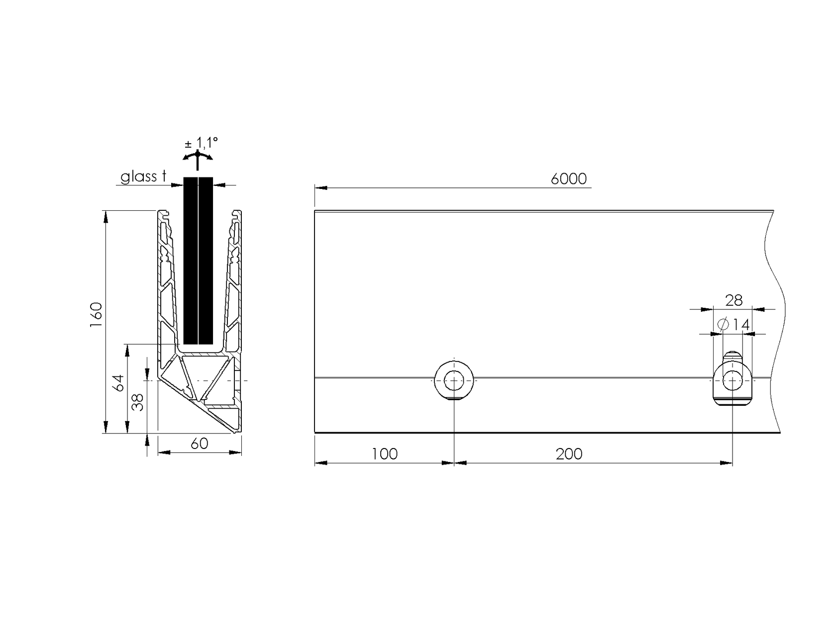 Profil balustrady szklanej Al-boczny
