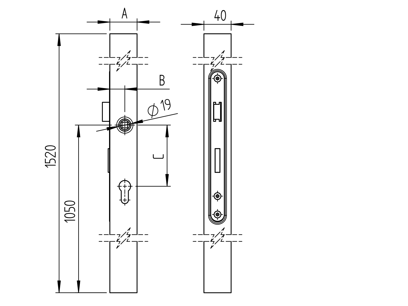 Cząstka zamku komplet bez klamky JP40x40, L1500