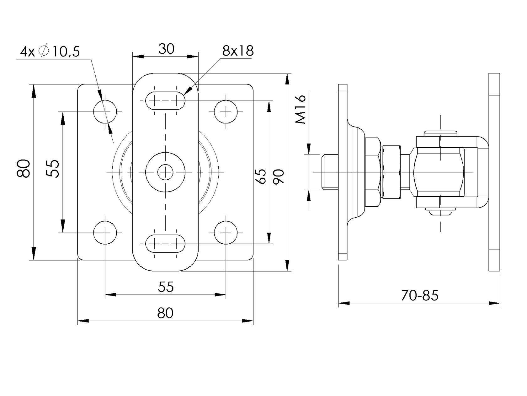 Zawias regulowany z płytką, INOX, M16