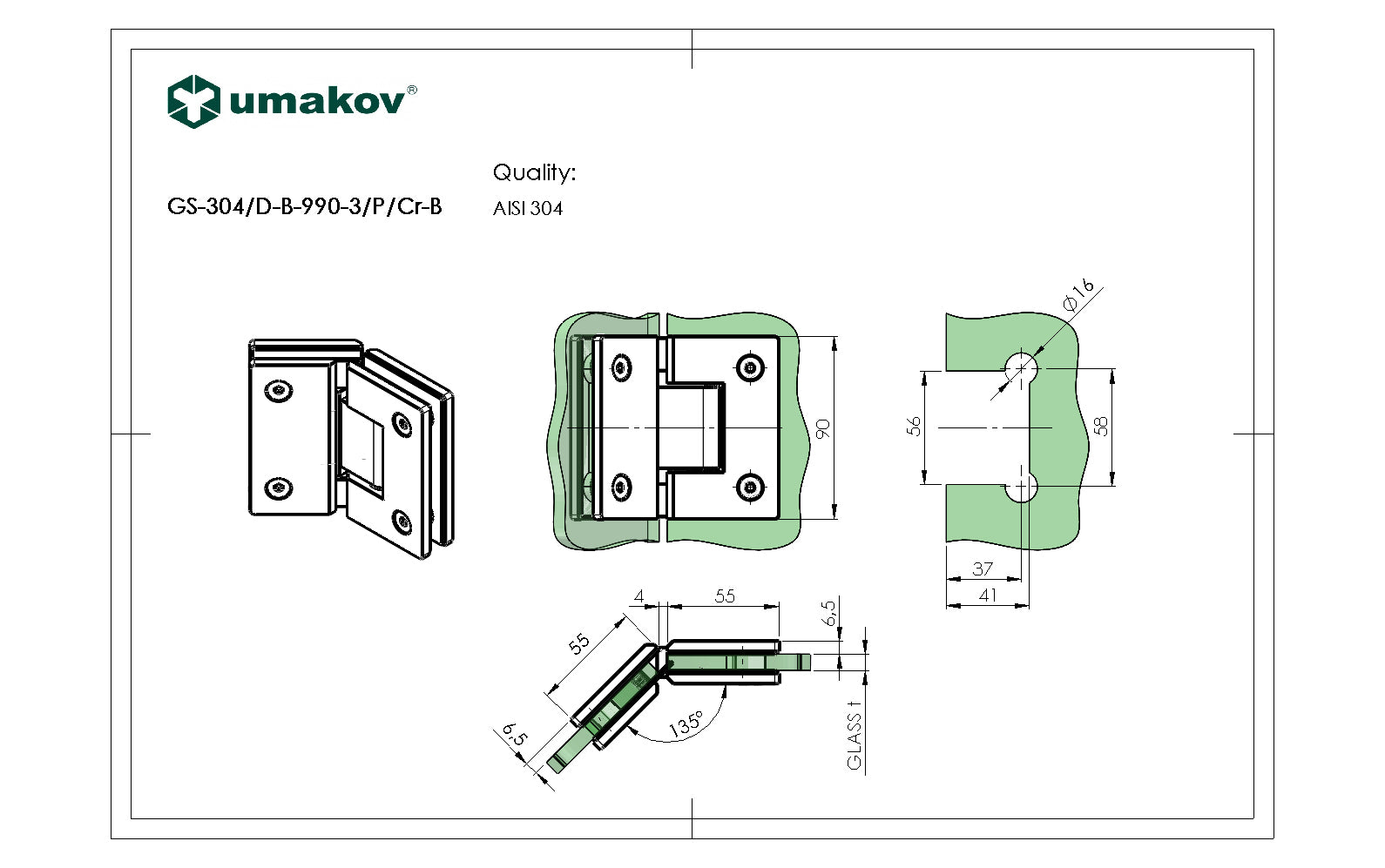  Zawias do drzwi szklanych +/- 90 stopni AISI304,