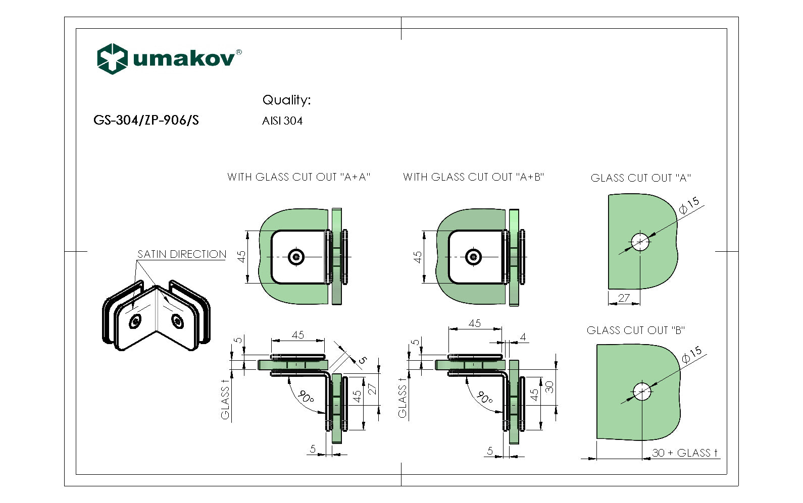 Łącznik szkła, AISI 304, T 8-10 mm