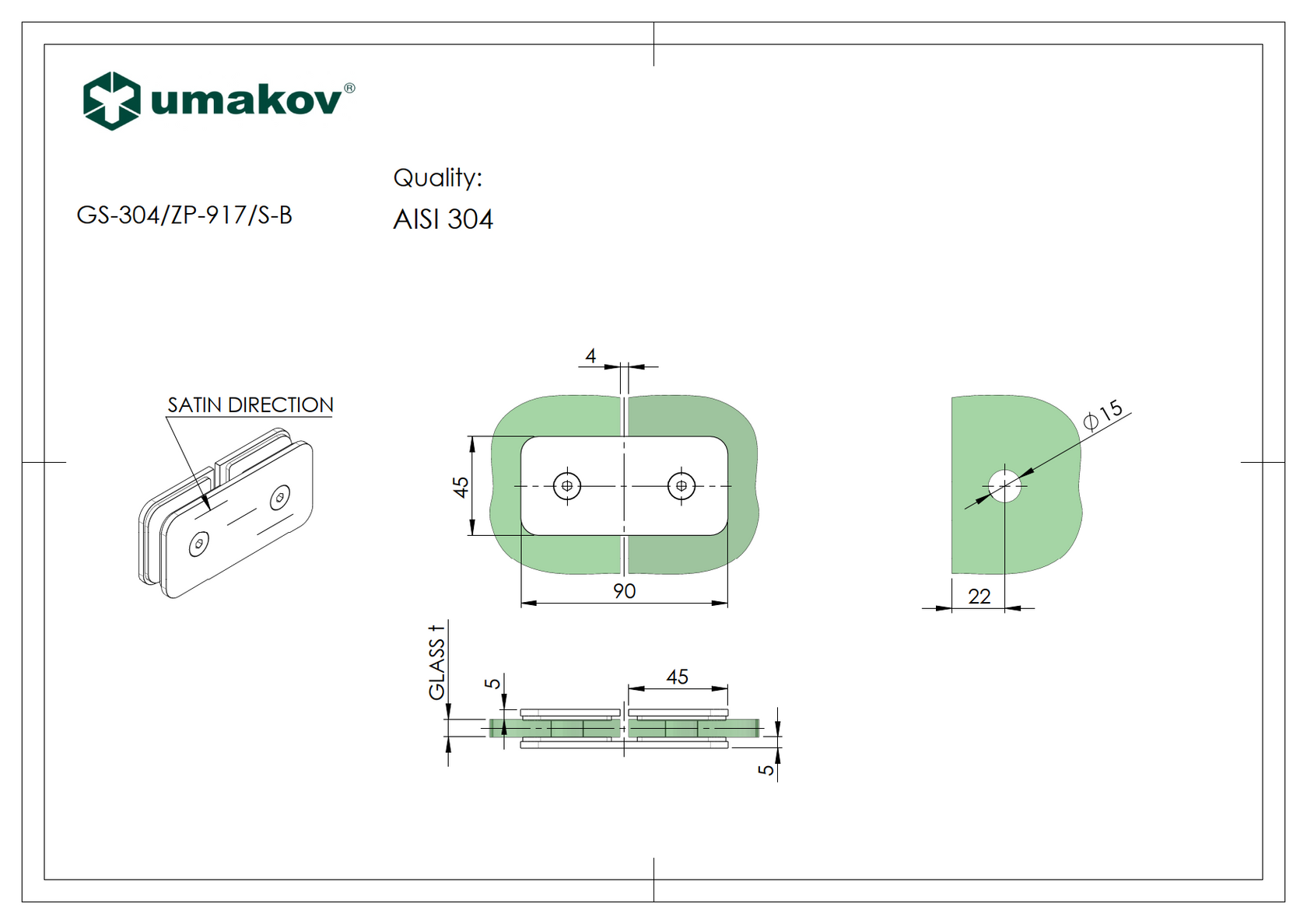 Łącznik szkła, AISI 304, T 8-10 mm