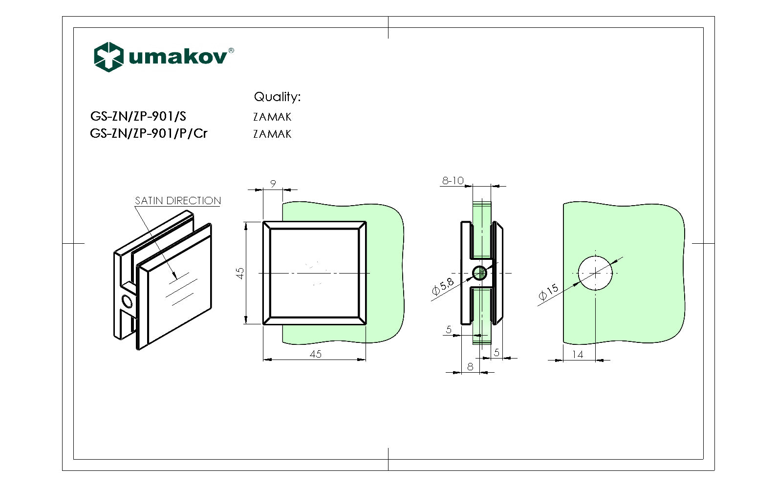 Uchwyt szkła, Zamak, 45x45x20/T 8-10 mm