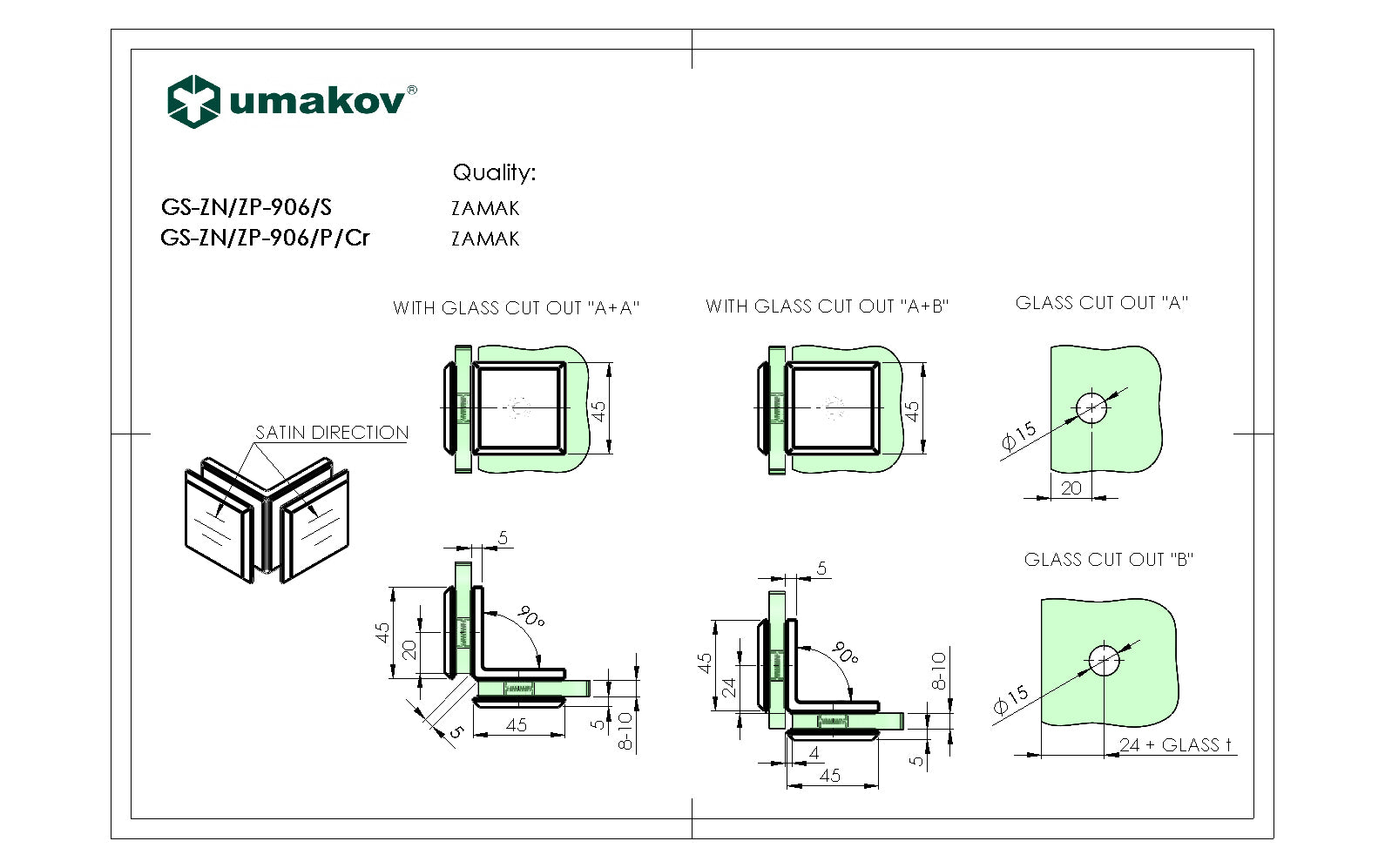 Uchwyt szkła, Zamak, 90°, T 8-10 mm