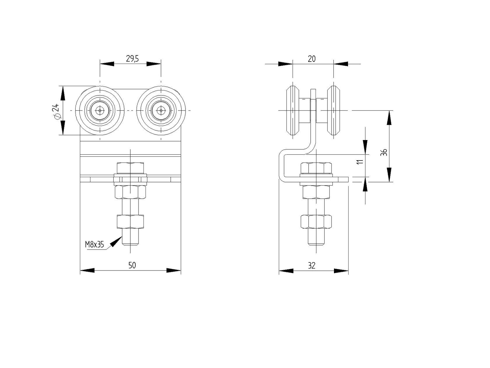 4 - rolkowy wózek ze sworzniem do szyny NYLON