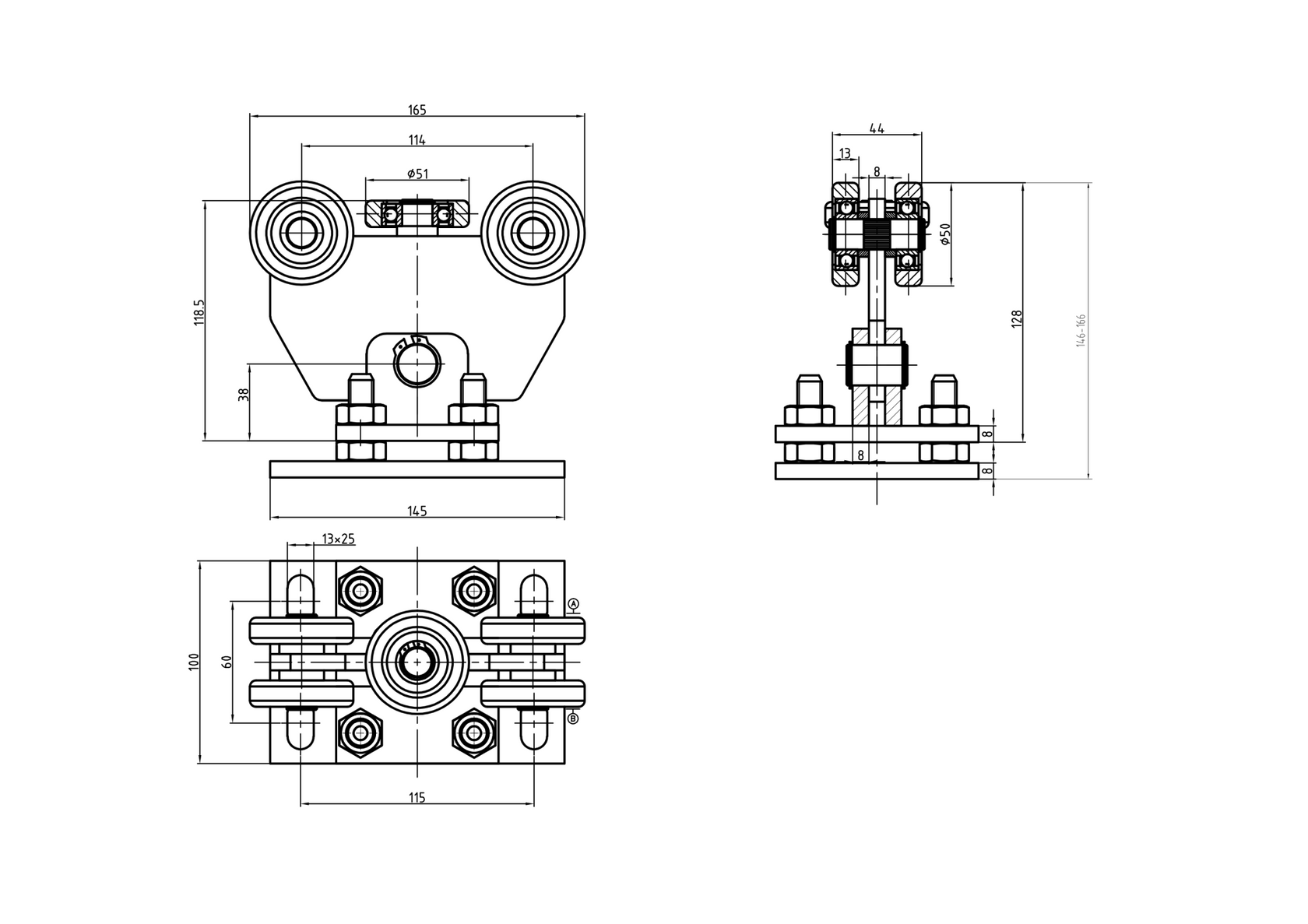 Wózek 5-rolkowy do bram samonośnych,AISI 304 60x60