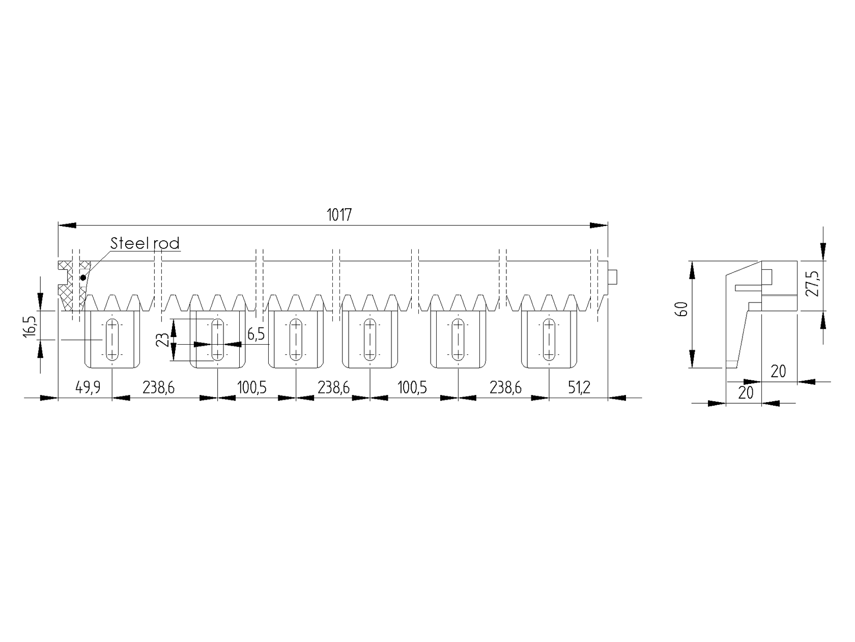 Listwa zębata PVC+Fe,27x20mm, L 1+1m, max 700kg